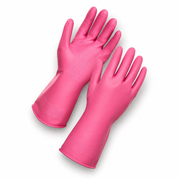 Pink Household Latex Rubber Gloves | Flock-Lined Cleaning Gloves with Textured Grip